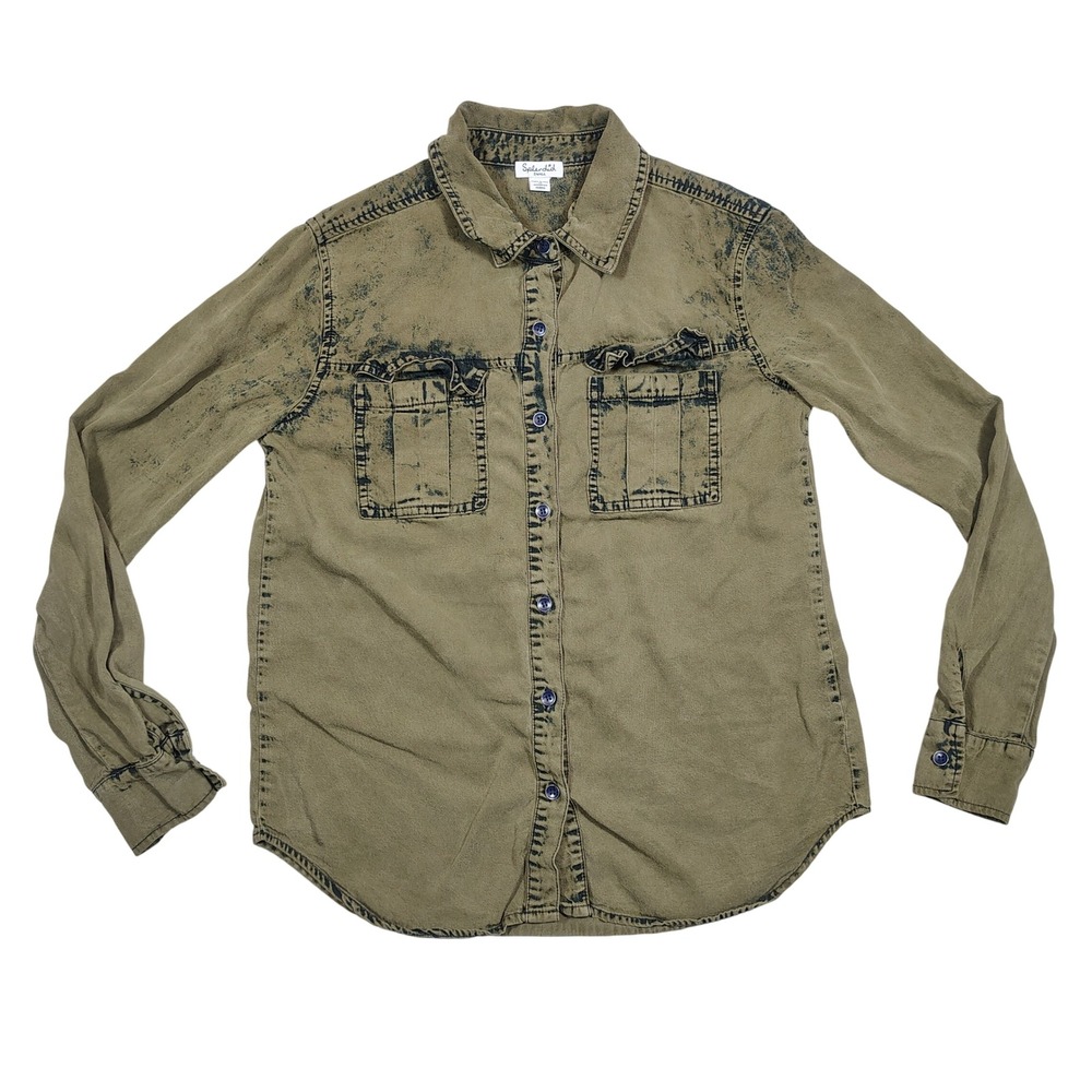 Splendid Button Down Women Small‎ Green Acid Wash Distressed Lyocell ST9698AWG